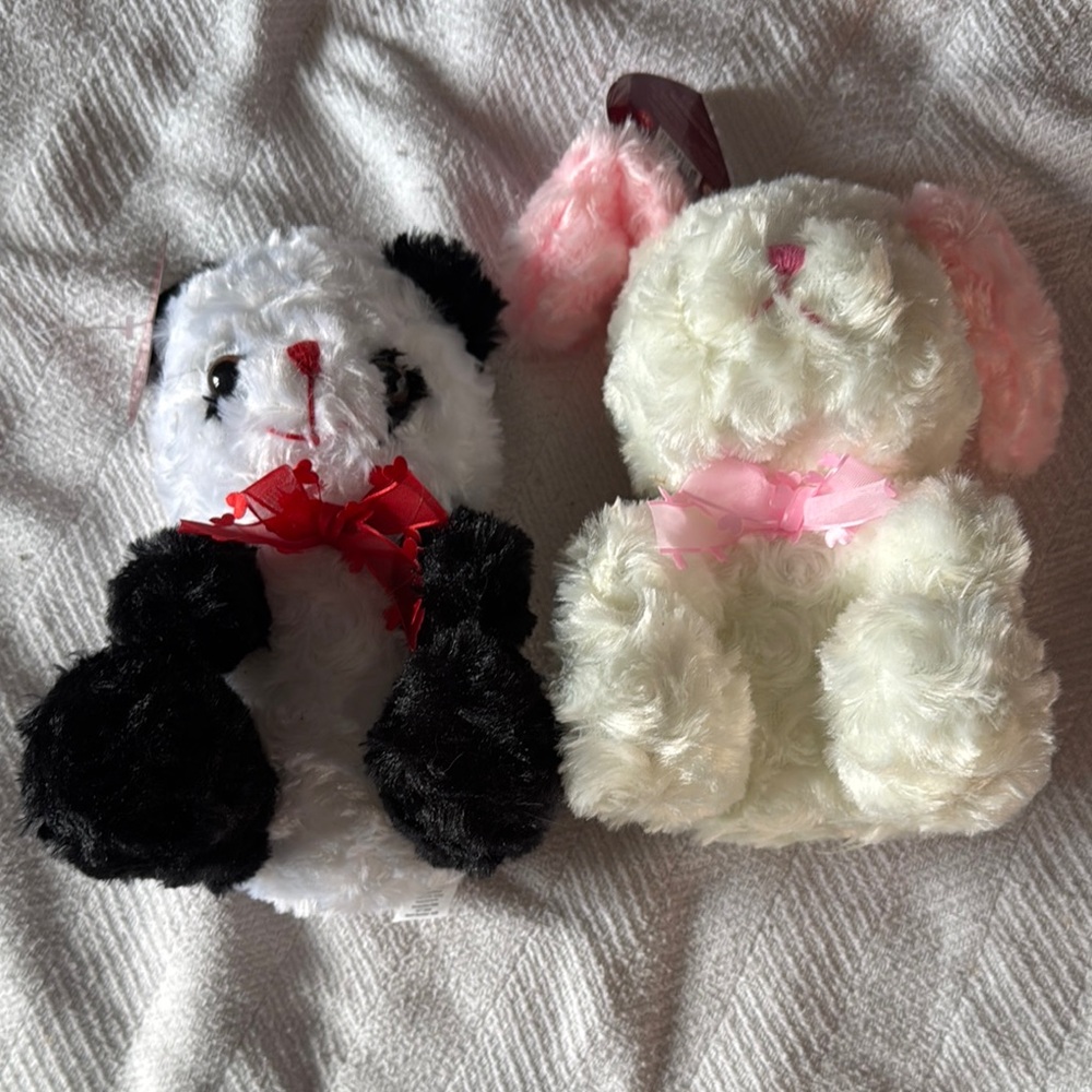 Plush Panda and Dog Toy Set - Black, White, Pink